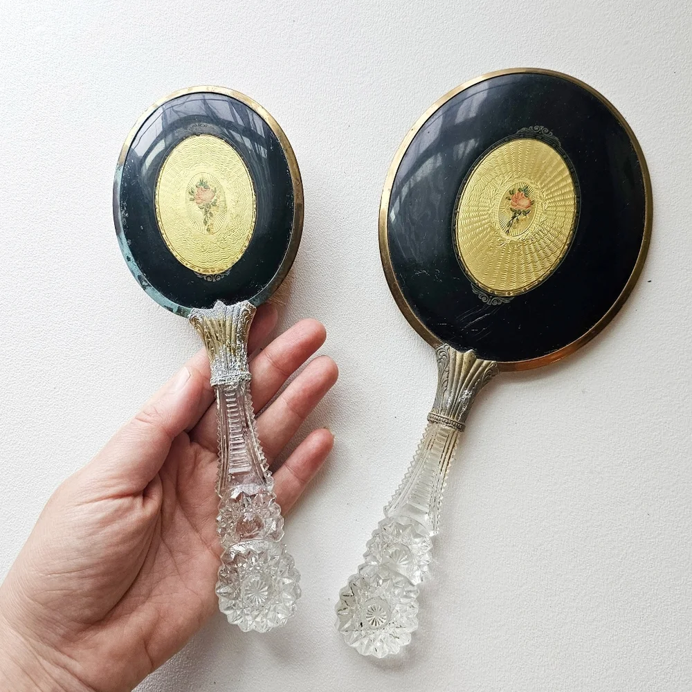 🪞 Early 1900s Antique Vanity Mirror & Brush Set Guilloché Style Glass Handles